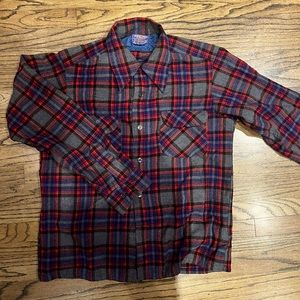 Vintage 1960s 1979s Pendleton Wool Shirt, Red Grey Blue Plaid Medium
